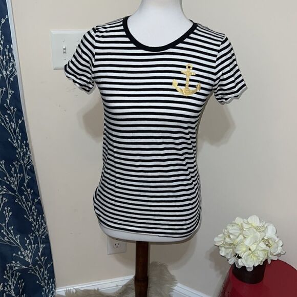 J. Crew Collection Tees Striped T-Shirt Gold Anchor Short Sleeves Black White - Picture 1 of 9